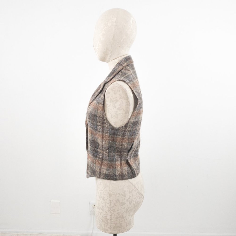 Vintage 70s S Tailored Wool Plaid Suit Vest Top - Picture 2 of 11